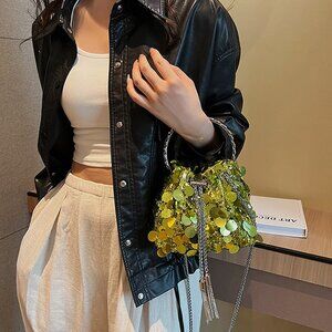 Olive Green Sequined Bucket Bag Purse Evening Silver Handle Chain NWT